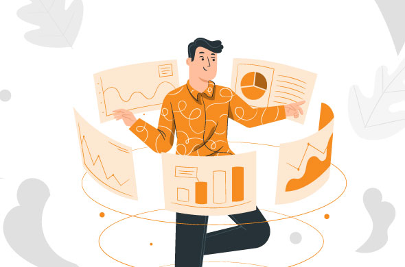 A man stands in a circle surrounded by graphs and charts, analyzing data for informed decision-making