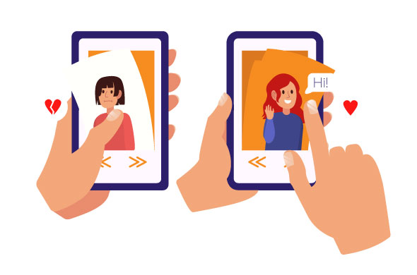 Two hands holding up two phones displaying pictures of people