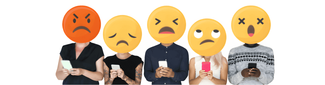A diverse group of individuals wearing emoticon masks, expressing various emotions