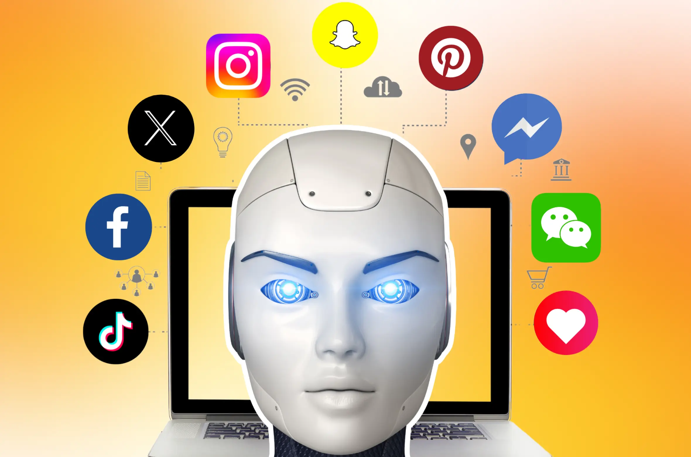 robot with social media logos in head