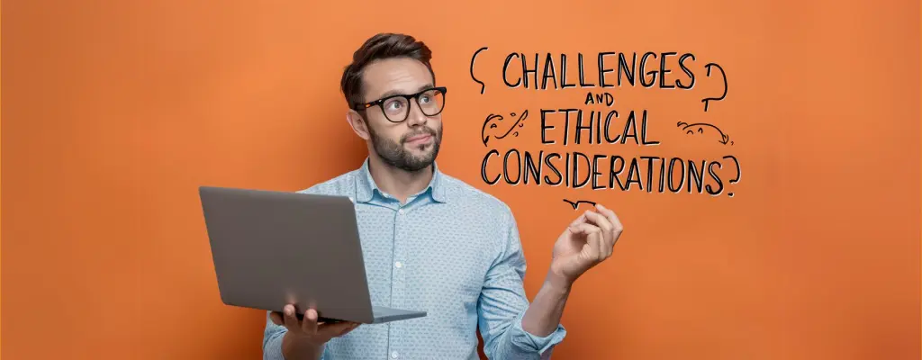 A content moderator with text in the background that reads “Challenges and Ethical Considerations”

