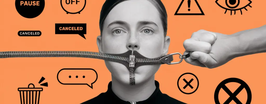 A woman user with her mouth zipped signifying the effects of internet censorship

