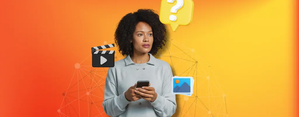 A mobile user with question mark in the background signifying a basic understanding of content moderation in social media