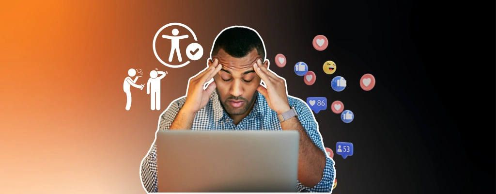 A stressed social media user surrounded by different factors that drive social media usage