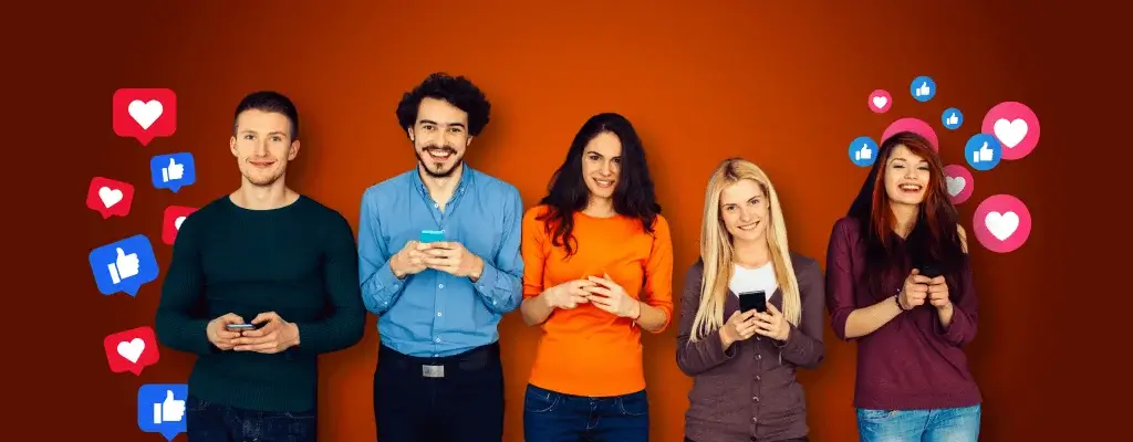 A group of smiling and satisfied social media users