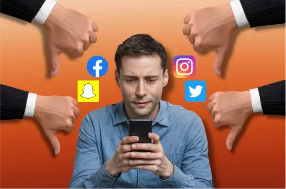 A social media user with thumbs down everywhere signifying why is social media harmful