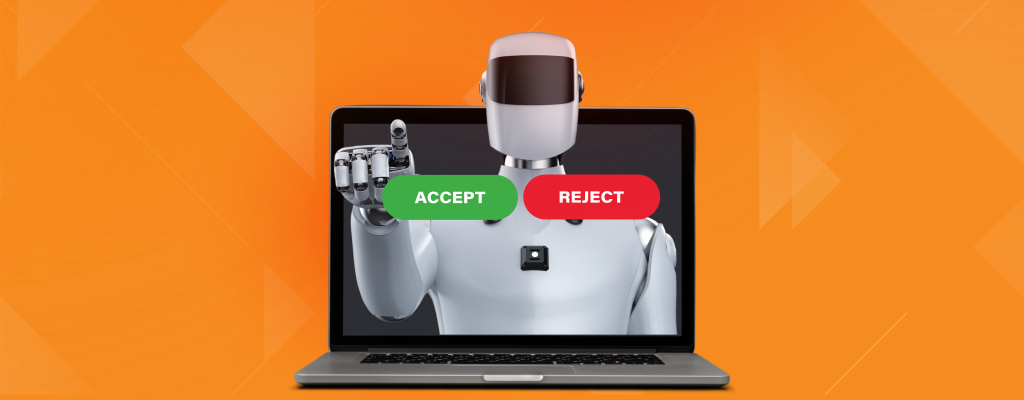 A robot perched on a laptop along with the words Accept and Reject