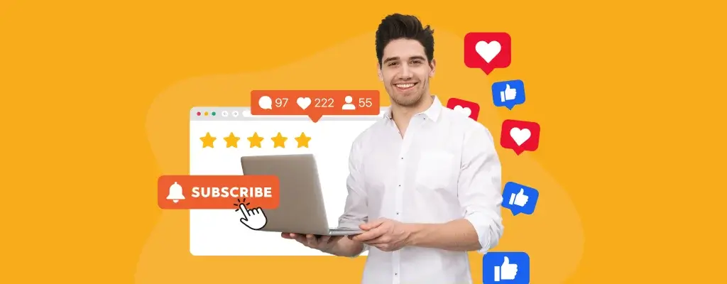 A man in white holding a laptop while surrounded by vibrant social media icons