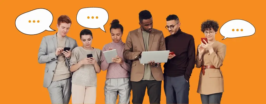 A diverse group of people looking at devices with speech bubbles above their heads